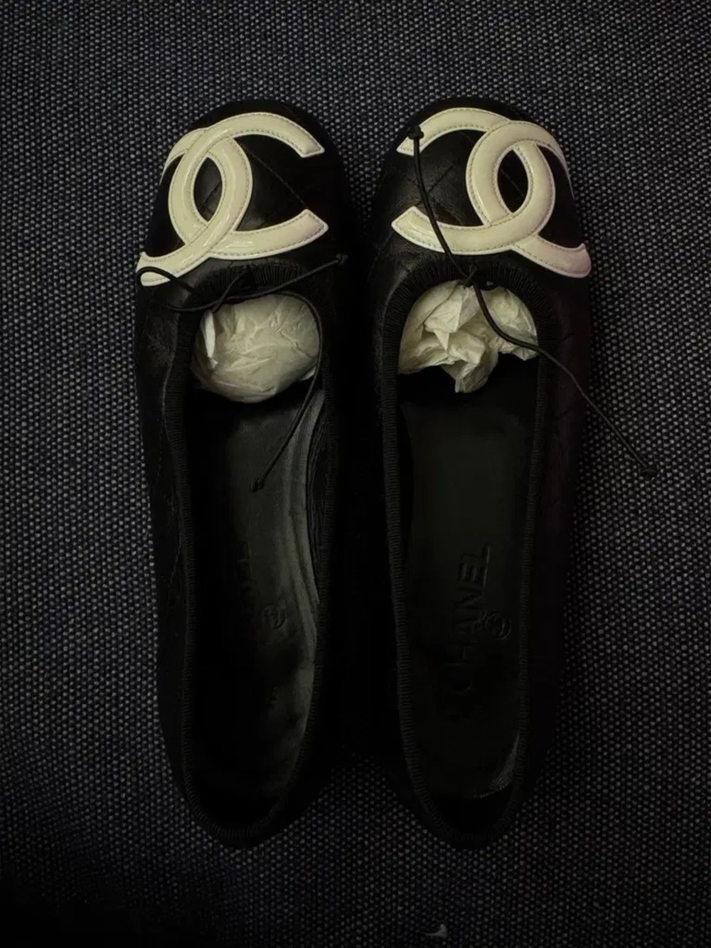 CHANEL Black Leather Ballet Flats with Cream CC Medallion SEND OFFERS